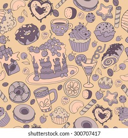 Birthday seamless pattern with cakes, cupcakes, tea, donuts, coffee and fruits. Colorful birthday wallpaper.  vector hand drawn background
