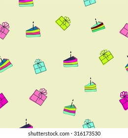 Birthday seamless pattern with cakes, cupcakes, balloons, gifts on blue background. Colourful birthday wallpaper. eps10 vector illustration