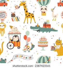 Birthday seamless pattern with cute animals. Vector hand drawn cartoon illustration of festive elements and funny characters. Vintage cheerful pastel palette is perfect for gift wrapping