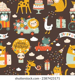 Birthday seamless pattern with cute animals. Vector hand drawn cartoon illustration of festive elements and funny characters. Vintage cheerful pastel palette is perfect for gift wrapping