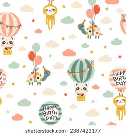 Birthday seamless pattern with cute animals. Vector hand drawn cartoon illustration of festive elements and funny characters. Vintage cheerful pastel palette is perfect for gift wrapping