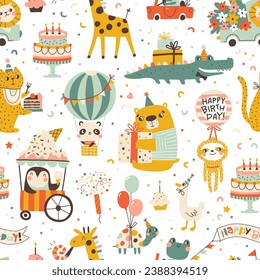 Birthday seamless pattern with cute animals. Vector hand drawn cartoon illustration of festive elements and funny characters. Vintage cheerful pastel palette is perfect for gift wrapping