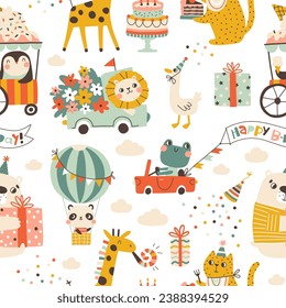 Birthday seamless pattern with cute animals. Vector hand drawn cartoon illustration of festive elements and funny characters. Vintage cheerful pastel palette is perfect for gift wrapping