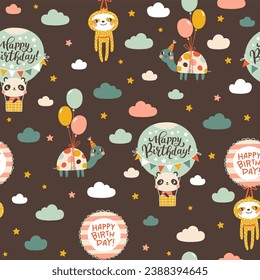 Birthday seamless pattern with cute animals. Vector hand drawn cartoon illustration of festive elements and funny characters. Vintage cheerful pastel palette is perfect for gift wrapping