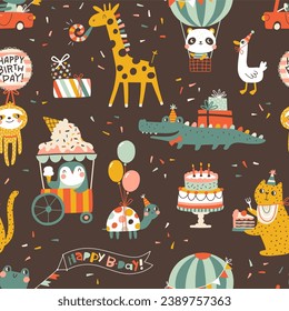 Birthday seamless pattern with cute animals. Vector hand drawn cartoon illustration of festive elements and funny characters. Vintage cheerful pastel palette is perfect for gift wrapping