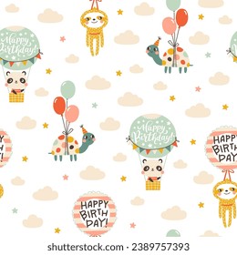 Birthday seamless pattern with cute animals. Vector hand drawn cartoon illustration of festive elements and funny characters. Vintage cheerful pastel palette is perfect for gift wrapping