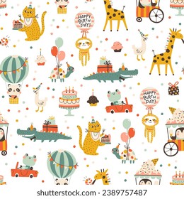 Birthday seamless pattern with cute animals. Vector hand drawn cartoon illustration of festive elements and funny characters. Vintage cheerful pastel palette is perfect for gift wrapping