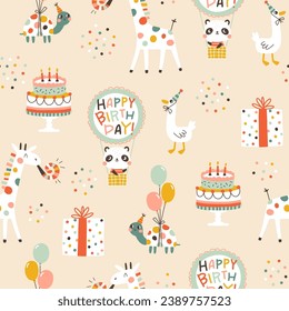 Birthday seamless pattern with cute animals. Vector hand drawn cartoon illustration of festive elements and funny characters. Vintage cheerful pastel palette is perfect for gift wrapping