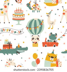 Birthday seamless pattern with cute animals. Vector hand drawn cartoon illustration of festive elements and funny characters. Vintage cheerful pastel palette is perfect for gift wrapping