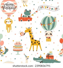 Birthday seamless pattern with cute animals. Vector hand drawn cartoon illustration of festive elements and funny characters. Vintage cheerful pastel palette is perfect for gift wrapping