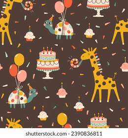 Patrón de cumpleaños sin fisuras con animales lindos. Dibujo de dibujos animados a mano vectora de elementos festivos y personajes graciosos. La alegre paleta de colores pastel de época es perfecta para el envoltorio de regalo