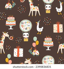 Birthday seamless pattern with cute animals. Vector hand drawn cartoon illustration of festive elements and funny characters. Vintage cheerful pastel palette is perfect for gift wrapping