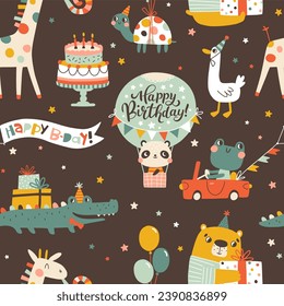 Birthday seamless pattern with cute animals. Vector hand drawn cartoon illustration of festive elements and funny characters. Vintage cheerful pastel palette is perfect for gift wrapping