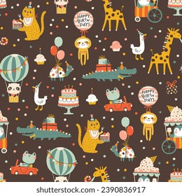 Birthday seamless pattern with cute animals. Vector hand drawn cartoon illustration of festive elements and funny characters. Vintage cheerful pastel palette is perfect for gift wrapping