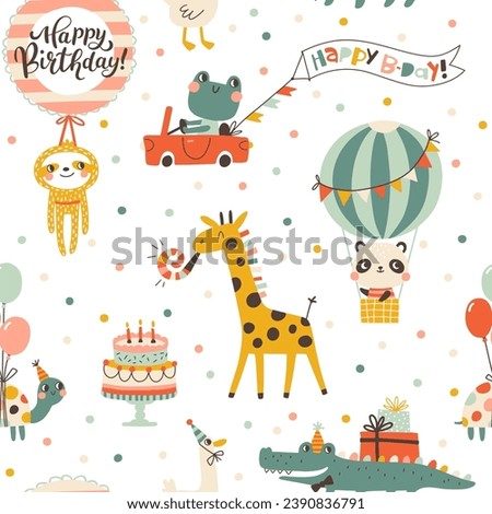 Birthday seamless pattern with cute animals. Vector hand drawn cartoon illustration of festive elements and funny characters. Vintage cheerful pastel palette is perfect for gift wrapping