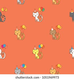 Birthday seamless pattern with cute cartoon cats on pink background. Balloons and party hats. Vector contour image. Little kittens. Funny animals. 