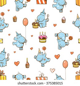 Birthday seamless pattern with cute cartoon  hippos, gifts, cakes, balloons and sweets on white background. Vector image.