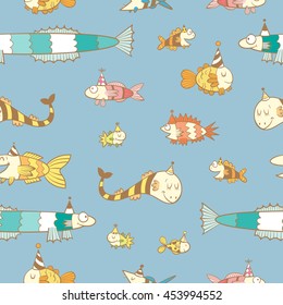 Birthday seamless pattern with cute cartoon colorful fishes  in party hat  on  blue  background. Underwater life. Funny sea animals. Children's illustration. Vector image. 