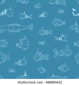 Birthday seamless pattern with cute cartoon fishes  in party hat  on blue  background. Underwater life. Funny sea animals. Children's illustration. Vector contour image. 