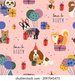  birthday seamless pattern with cute dogs and gifts