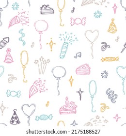 Birthday seamless pattern. Cute doodle background. Happy Birthday. Hand drawn party theme. Vector illustration
