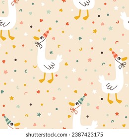 Birthday seamless pattern with a cute duck in a cone with confetti sprinkles. Vector hand drawn cartoon illustration of festive elements and funny characters. Vintage fun pastel palette