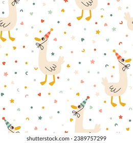 Motif harmonieux d'anniversaire avec un mignon canard dans un cône avec des saupoudrées de confettis. Image vectorielle illustration dessinée à la main d'éléments festifs et de personnages amusants. Palette de pastels amusants vintage