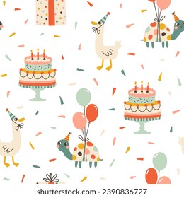 Birthday seamless pattern with cute duck, cake and turtle on balloons. Vector hand drawn cartoon illustration of festive elements and funny characters. Vintage fun pastel palette