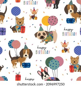  Birthday Seamless Pattern With Cute Funny Dogs And Gifts