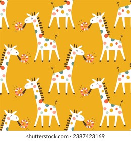 Birthday seamless pattern with cute giraffe. Vector hand drawn cartoon illustration of festive elements and funny characters. Vintage fun pastel palette is perfect for gift wrapping