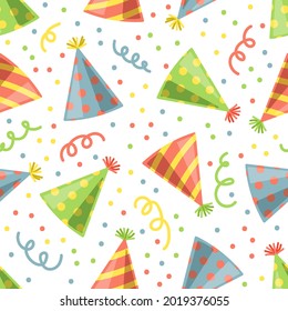 Birthday seamless pattern with cute hats and confetty on white background. Party, holiday, kids concept. Vector 10 EPS illustration.