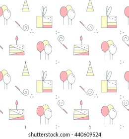 Birthday seamless pattern. Cute line elements. Cake, gift box, air balloons, birthday cap. Vector flat illustration on white background