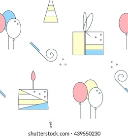 Birthday seamless pattern. Cute linear elements. Cake, gift box, air balloons, birthday cap. Vector flat illustration on white background