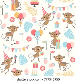 Birthday seamless pattern with cute monkey, cake and other holiday symbols. Vector background for children.