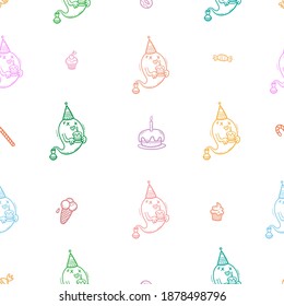 Birthday seamless pattern with cute monsters on  white background. Wallpaper with  variety of sweets. Doodle cartoon ghost print. Line art poster.