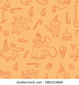 Birthday seamless pattern with cute monsters on  orange background. Colorful wallpaper. Doodle cartoon dragon print. Line art poster.