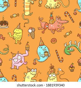 Birthday seamless pattern with cute monsters on  orange background. Colorful wallpaper. Doodle cartoon dragon print. Line art poster.
