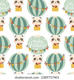 Birthday seamless pattern with cute panda on a balloon with lettering. Vector hand drawn cartoon illustration of festive elements and funny characters. Vintage fun pastel palette