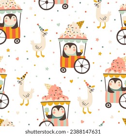 Birthday seamless pattern with a cute penguin selling ice cream to a duck. Vector hand drawn cartoon illustration of festive elements and funny characters. Vintage fun pastel palette