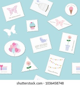 Birthday seamless pattern with cute postage stamps.