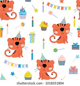 Birthday seamless pattern with cute smiling tigers in a hat, cakes and other holiday symbols. Vector background for children.