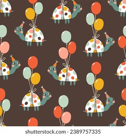 Birthday seamless pattern with cute turtle flying on balloons. Vector hand drawn cartoon illustration of festive elements and funny characters. Vintage fun pastel palette