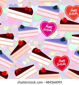 Birthday seamless pattern design Sweet cake decorated with fresh berry, pink cream and chocolate icing, piece of cake, heart, pastel colors on lilac background. Vector illustration