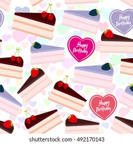 Birthday seamless pattern design Sweet cake decorated with fresh berry, pink cream and chocolate icing, piece of cake, heart, pastel colors lilac background. Vector