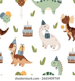 Birthday seamless pattern with dinosaurs, cake and balloons. Cute cartoon festive background