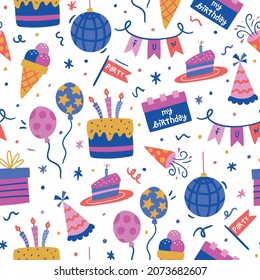 Birthday seamless pattern. Doodle birthday. Birthday digital paper. Happy birthday background.