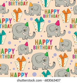 birthday seamless pattern with elephants and gifts, vector format