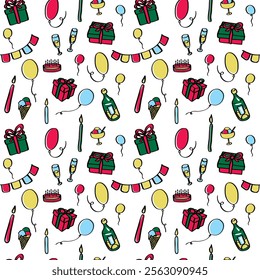 Birthday Seamless Pattern. Endless ornament, doodle colorful elements on a white background. Wallpapers, backgrounds, prints, wrapping, design papers, stationery design, packaging, gifts, decor