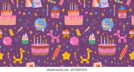 Birthday Seamless pattern with Festive decor like celebration cake with candles, balloons, sweets, gifts, garland and stars. Trendy modern vector illustration on purple background, hand drawn, flat