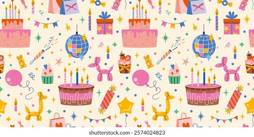 Birthday Seamless pattern with Festive decor like celebration cake with candles, balloons, sweets, gifts, garland and stars. Trendy modern vector illustration on light background, hand drawn, flat